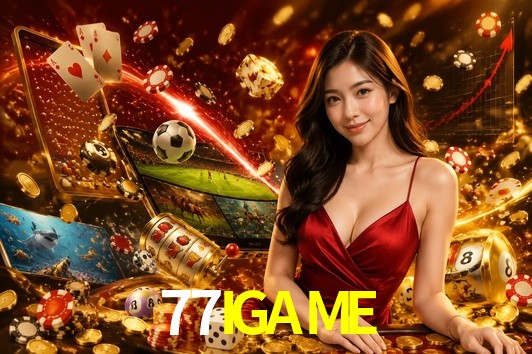 Una escena digital vívida inspirada en casino con 77IGAME mostrado prominentemente, luces brillantes, fichas, cartas y acentos dorados.