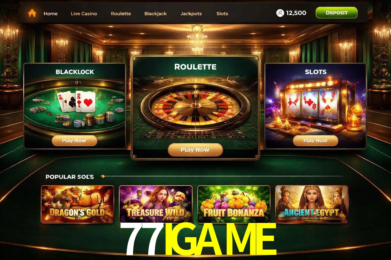 Vista de la plataforma 77IGAME Casino mostrando categorías organizadas de juegos en línea