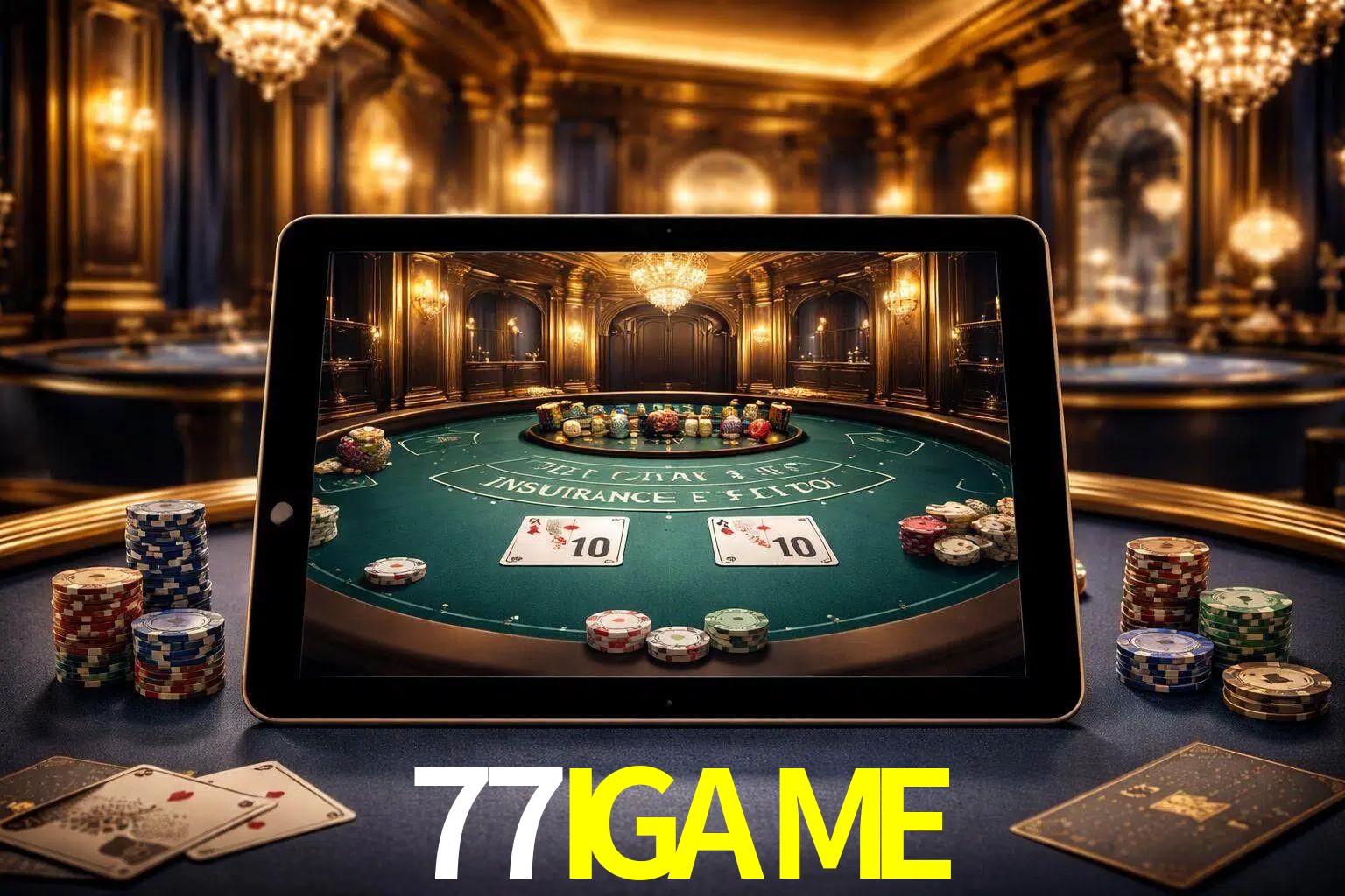 Configuración moderna de casino en vivo con una tableta mostrando una mesa de blackjack, luces cálidas de estudio y una atmósfera elegante de juegos digitales.
